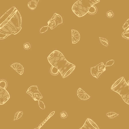 Detailed hand-drawn seamless pattern tea leaves and dishes, vector illustration.のイラスト素材