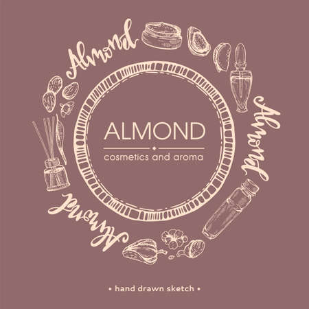 Circle surrounded with almond nuts, cosmetics and lettering with white lettering inside. Linear hand-drawn sketch, monochrome vector botanical illustration.のイラスト素材