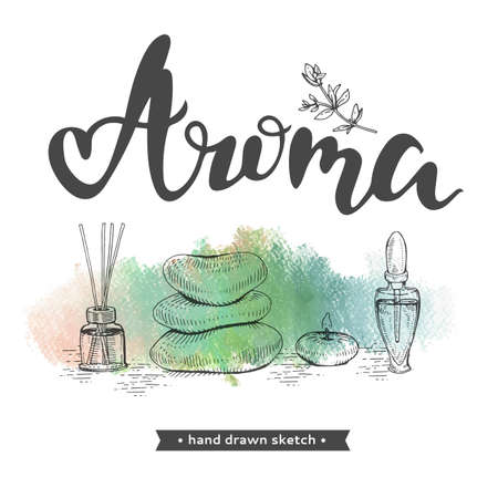 Aromatherapy accessories and lettering Aroma. Detailed hand-drawn sketches, vector botanical illustration.のイラスト素材