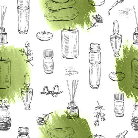 Seamless Pattern with aromatherapy accessories. Detailed hand-drawn sketches, vector botanical illustration.のイラスト素材