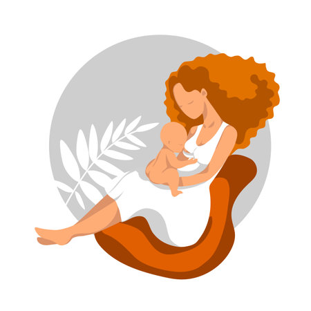 Woman breastfeeding her newborn baby in clutch position. Flat style vector illustration.のイラスト素材