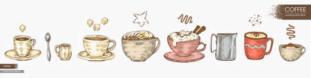 Hand-drawn sketch list of different coffee cups and cooking, vector illustration.のイラスト素材