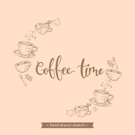 Hand-drawn sketch coffee drinks and desserts on the beige background, vector illustration.のイラスト素材