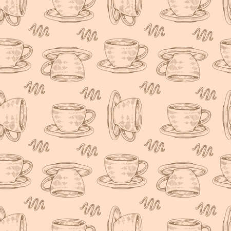 Detailed hand-drawn sketch coffee cups on the beige background, vector ilustration.のイラスト素材
