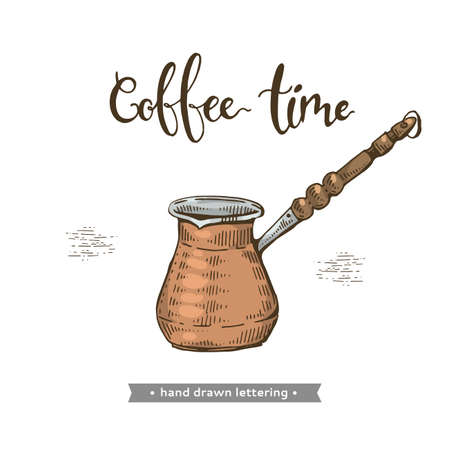 Coffee tool and equipment. Turkish cezve. Coffee time. Hand-drawn lettering. Vector illustration.のイラスト素材