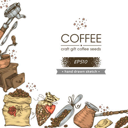 Coffee seeds. Image of coffee tools and equipment. Hand drawn sketch. Vector illustration.のイラスト素材