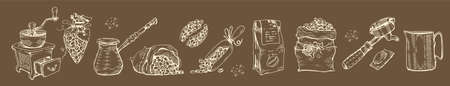 List of coffee tolls and equipment. Roasted beans. Vector illustration.のイラスト素材