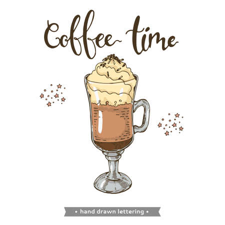 Coffee drink on the white background. Coffee time. Hand drawn lettering, vector illustration.のイラスト素材
