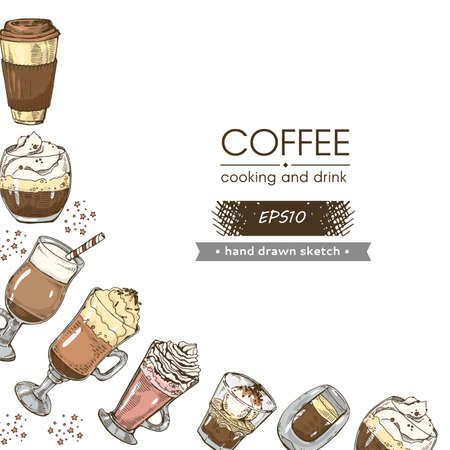 Coffee cooking, hot and cold coffee drinks on the white background. Hand drawn sketch, vector illustration.のイラスト素材