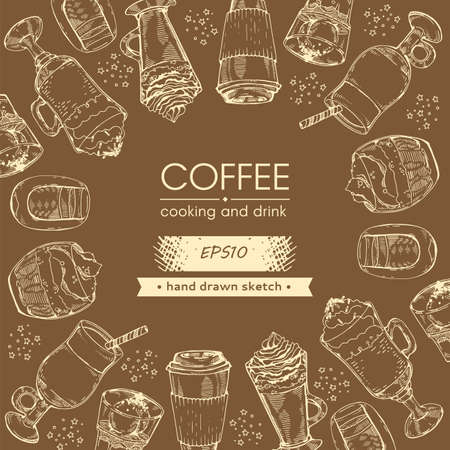 Hand drawn sketch with different coffee drinks and desserts. Vector illustration.のイラスト素材