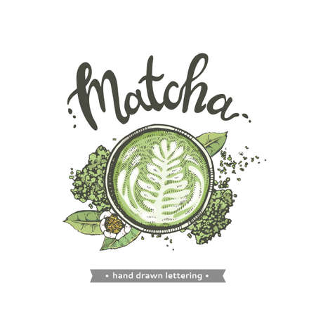 Hand-drawn lettering coffee matcha with picture, vector illustration.のイラスト素材