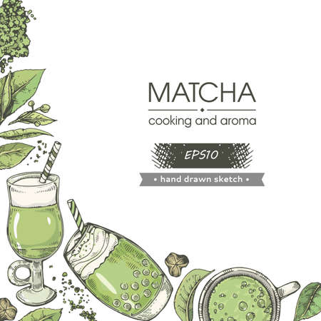 Hand-drawn sketch matcha cooking and cocktails, vector illustration.のイラスト素材