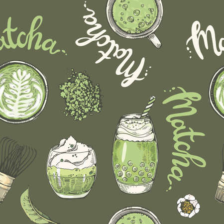 Hand-drawn seamless pattern matcha cocktails and desserts, vector illustration.のイラスト素材