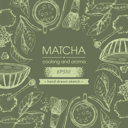 Detailed hand-drawn sketch matcha cooking and aroma, vector illustration.のイラスト素材