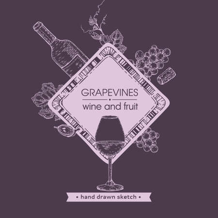 Rhombus-shaped frame with wine glass, bottle and bunches of grapes. Detailed hand-drawn sketch, vector illustration.のイラスト素材