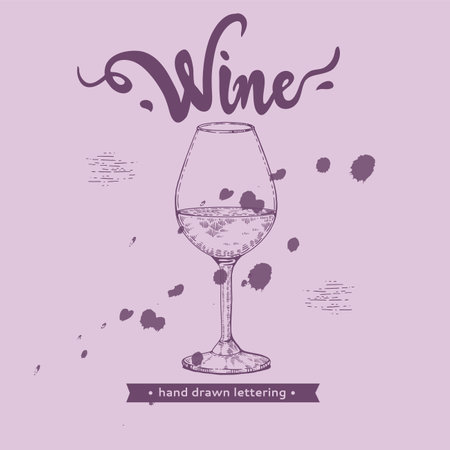 Background with wine glass and lettering wine. Detailed hand-drawn sketch, vector illustration.のイラスト素材