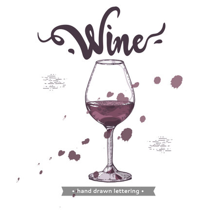 Background with wine glass and lettering wine. Detailed hand-drawn sketch, vector illustration.のイラスト素材