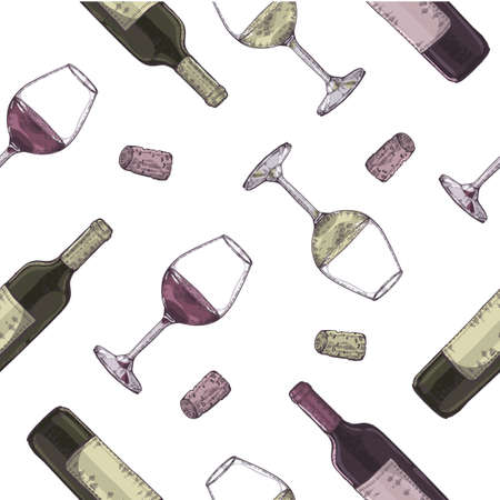 Seamless pattern with wine glasses and bottles. Detailed hand-drawn sketches, vector illustration.のイラスト素材