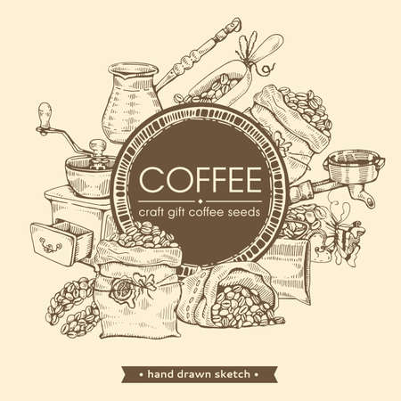 Image of coffee tools and drinks. Coffee craft, gift, seeds. Hand drawn sketch. Vector illustration.のイラスト素材