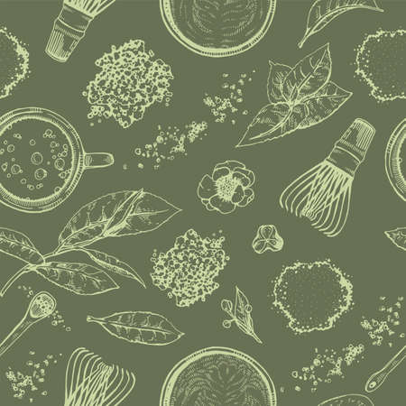Hand-drawn seamless pattern matcha tools drinks and leaves, vector illustration.のイラスト素材