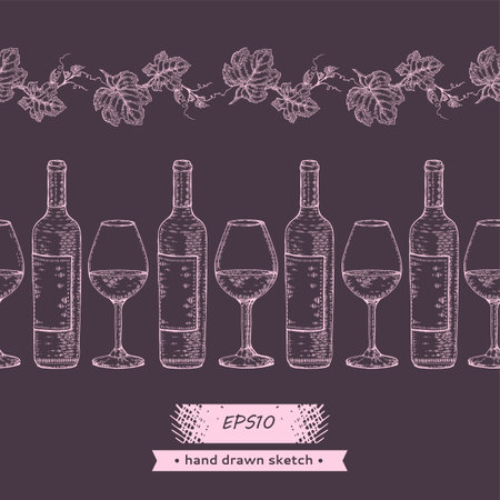 Collection of wine glasses and bottles and with leaves above.のイラスト素材