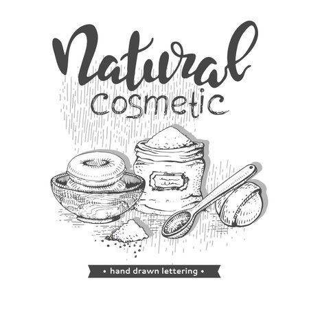 Natural cosmetic accessories and lettering natural cosmetic. Detailed hand-drawn sketches, vector botanical illustration.のイラスト素材