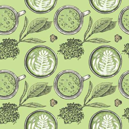 Hand-drawn seamless pattern matcha drinks and leaves, vector illustration.のイラスト素材