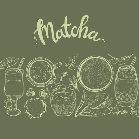 Hand-drawn sketch matcha drinks and desserts, vector ilustration.のイラスト素材