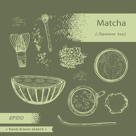 HHand-drawn sketch Matcha, Japanese tea with Matcha powder, vector illustration.のイラスト素材