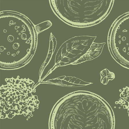 Hand-drawn seamless pattern matcha drinks and leaves, vector illustration.のイラスト素材