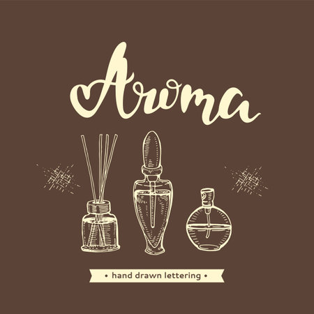 Aromatherapy accessories and lettering Aroma. Detailed hand-drawn sketches, vector botanical illustration.のイラスト素材