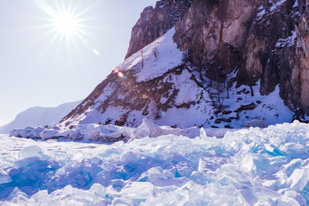 Spectacular winter landscape. Winter ice along the shore.