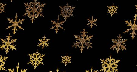 Golden snowflakes on black background. New year wallpaper. 3d renderの写真素材