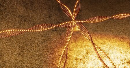 Golden geometric background with swirls of DNA molecules. Digital wallpaper for beauty and plastic surgery clinic. Innovation and medicine concept. 3D Renderingの写真素材