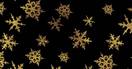 Golden snowflakes texture on black backdrop. New year background. 3D imageの写真素材