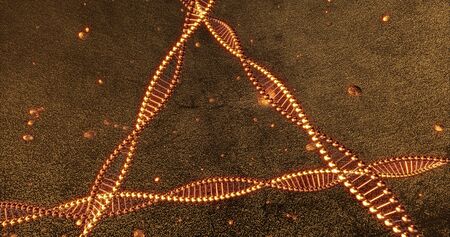 Golden geometric background with swirls of DNA molecules. Digital wallpaper for beauty and plastic surgery clinic. Innovation and medicine concept. 3D Renderingの写真素材