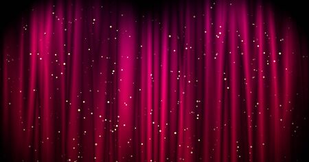 Magical Merry Christmas background with red stage curtain cloth and golden falling stars . Luxury walpaper for the day of St. Valentine, New Year, Unniversary celebation and Wedding ceremony. Backdrop for theater, opera, show, stage scenes.の写真素材