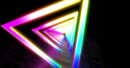 Glowing neon color triangle tunnel. Laser show background. ultraviolet blue purple color spectrum ....