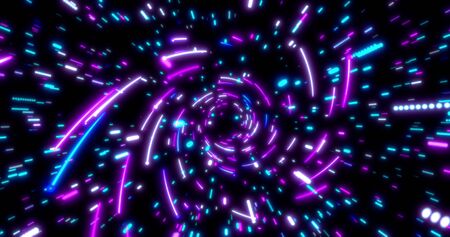 Glowing neon lines tunnel. Blue red pink and violet colorful lighting. Fluorescent ultraviolet...
