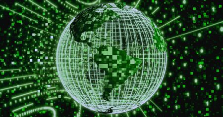Neon Digital binary background with rotating Planet earth. animation for network, big data, data center, digital event. 3D illustrationの写真素材