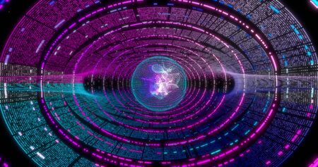 Neon Circle background with data tunnel. Fluorescent abstract blue, purple spectrum color. Ultraviolet lights. Virtual reality future design 3d render. Technology design.の写真素材