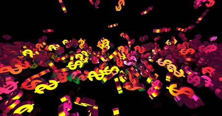 Golden 3d dollar symbols falling on the black background. Party, finance event background. 3D render 3D illustrationの写真素材