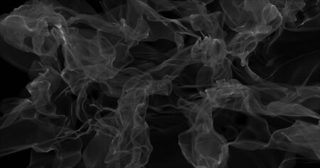 Floating white smoke on black background. Dry ice smoke fog for overlay blending mode. Abstract smoke clouds. Haze backdrop. 3D illustrationの写真素材