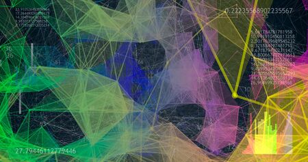 low polygonal brain 3D model on black background with animated numbers and diagrams 3D illustrationの写真素材