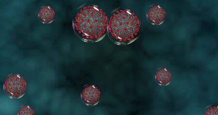 Coronavirus cells. Small droplets with Covid-19 spread pathogens. Animation group of viruses that cause respiratory infections. 3D rendering  3D illustrationの写真素材