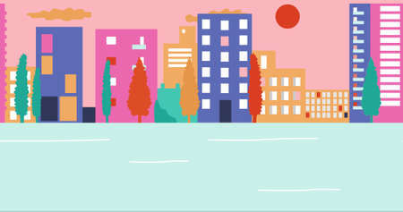Empty streets in city during summer sunset. Outbreak Coronavirus in city. Cartoon background. Flat design, illustrationの写真素材