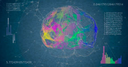 Rotating 360 low polygonal brain 3D model on black with animated numbers and diagrams.の写真素材
