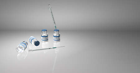 Bottles coronavirus vaccine COVID-19. Glass vials with sars-cov-2 vaccine and syringe on light...