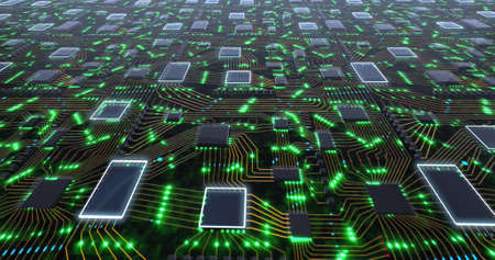 abstract futuristic motherboard schematic with pulsating neon lights. Conceptual sci-fi animation....
