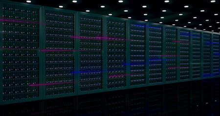 Digital information travels through fiber optic cables through the network and data servers behind...